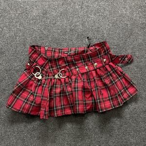 Hell Bunny Skirt Womens Medium Red Plaid Studded Belt Chain Punk Goth Mini